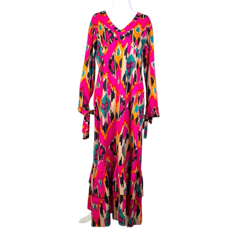 BN5 La Plage Tiered Maxi Dress Long‎ Sleeve Flowy Brushstroke Paint Pink Medium